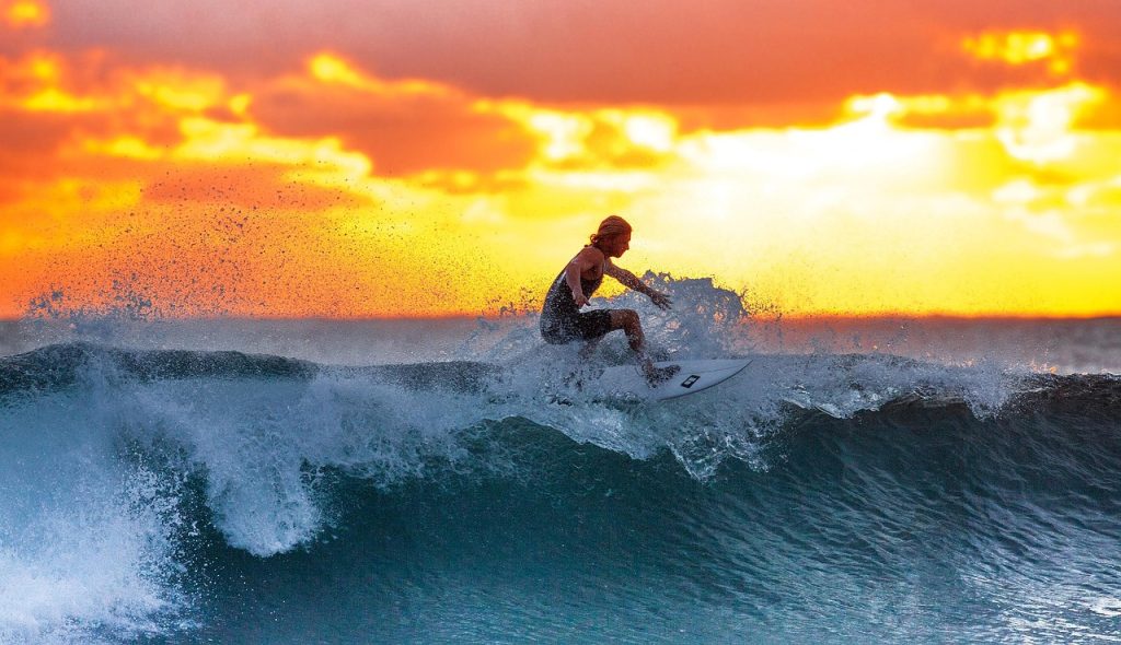 surfing, sunset, waves, surf, nature, surfboard, surfer, water sports, sea, java island, indonesia, water, ocean, seascape